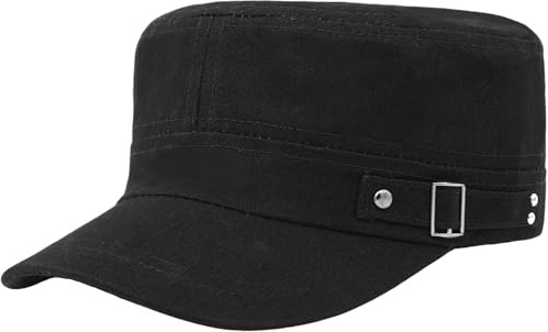 HIQUACC Unisex Military Style Flat Top Hat Adjustable Cadet Army Cap Basic Baseball Hat for Men Women (Black)