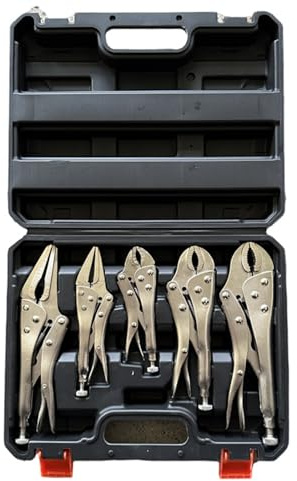 Locking Pliers Set 5PCs, 5, 7 & 10 Curved Jaw Locking Pliers 7 & 9 Long Nose Adjustable Wrench Vice Grips Pliers with Storage Case, Silver