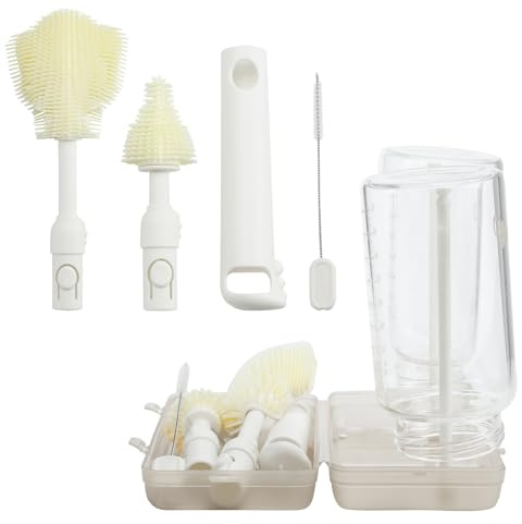 Qmibaby 6-in-1 Bottle Brush Set - Travel Essential Bottle Cleaner Kit with Silicone Bottle Brush, Nipple Cleaner Brush,Straw Brush, Folding Drying Rack & Storage Case Bottle Cleaning Tool (White)