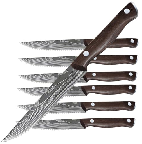 BFYLIN Steakmesser 6-Teilig Set, hochwertiger Edelstahl Steak Messer, ultrascharfe gezackte Klinge und ergonomischer, Tafelmesser (6-teilig Holz)