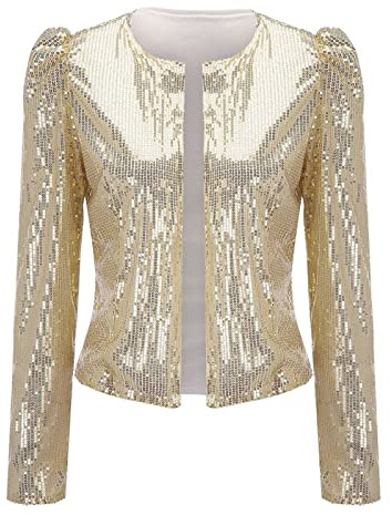 Generisk kort blazer, damer, festlig glitterjacka, damer, glitterjacka, trendig bolerojacka, glitter, strass, paljettjacka, stora storlekar, kvällsjacka, karneval, kostym, elegant kofta, Beige, 3XL
