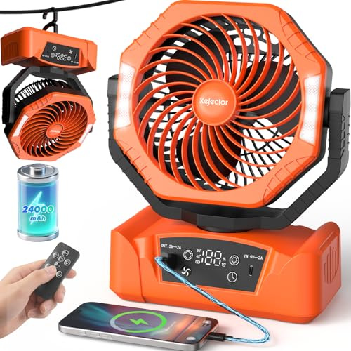 24000mAh Akku Camping Ventilator Powerbank, Kupferkern Motor Akkuanzeige, Fernbedienung Timer , 6 Geschwindigkeiten, Auto Schwenkfunktion, LED-Licht, Aufhängbar für Camping Angeln Zuhause Stromausfall