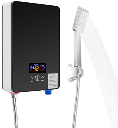 VonVVer varmvattenberedare, elektrisk 6 500 W med handdusch, mini varmvattenberedare för dusch och kök med handdusch, väggmontering, 30–55 °C (IPX24), tillverkad av rostfritt stål och säkerhetsglas