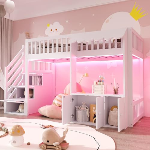 Letto a soppalco in legno 90×200 cm,Con luce LED, Progettazione della grondaia,Letto a soppalco per bambini con scaletta contenitore,Letto singolo con mobile contenitore,Bianco(Senza materasso)