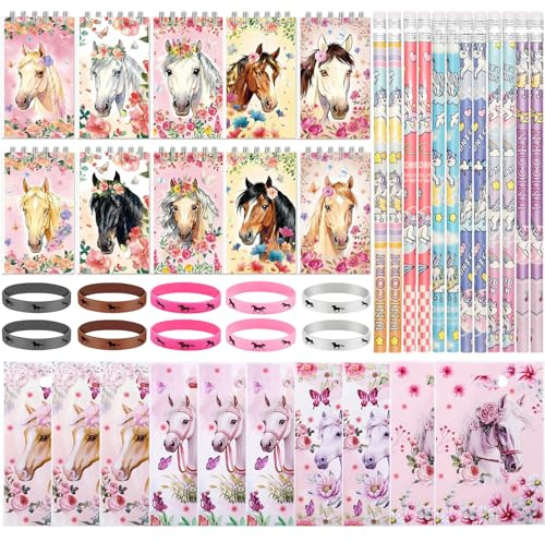 42 PCS Pferde Mitgebsel Kindergeburtstag Set, Pferde Thema Feest Set | mit 10 Notizbücher 12 Bleistifte 10 Geschenktüten 10 Silikonarmbänder, Give Aways Pferdegeburtstag Gastgeschenke