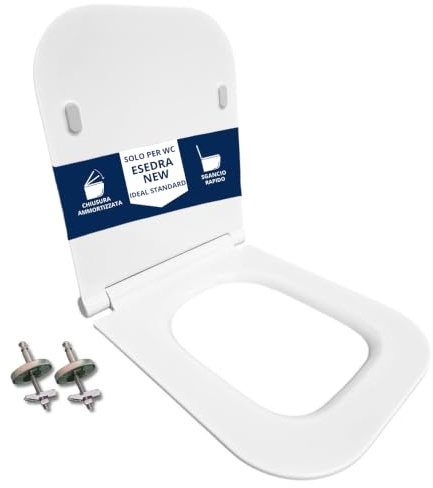 Copriwater Compatibile Esedra New/Esedra Nuovo Ideal Standard, Sedile WC Slim Rettangolare Bianco in Termoindurente, Soft Close, Sgancio Rapido, Cerniere Regolabili con Fissaggio dall’Alto