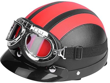 Roller-Helm, Universal-Motorrad-Roller aus Kunstleder mit offenem Gesicht, halber Helm und Visier -Brille (Rot) | Vintage Leichtbau+UV-Schutz Leder+PC+Schaum Motorrad/Scooter Universal 54-60cm