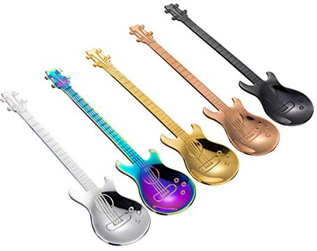 Gitarren-Löffel-Set, 5-teilig, bunt, Edelstahl, für Tee, Esstisch, Mischlöffel, Dessert, Kaffee, Zucker, Teelöffel für Eis, Milchshake