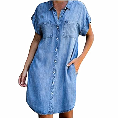 Masrin Jeanskleid für Damen Sommer Umlegekragen Kurzarm Hemdblusenkleid Einfarbiges, lockeres Etuikleid mit Taschen Knielanges Kleid Trendige Streetwear(L,Blau)