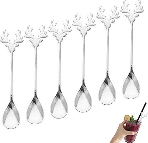 6 stycken sked i rostfritt stål i form av älg dessertsked julsked kreativ kaffesked liten sked tesked (silver)