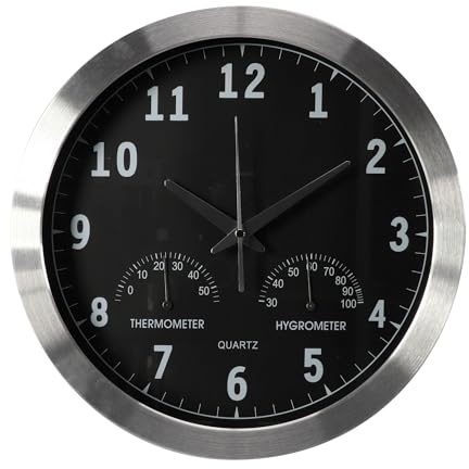 Perel Analoge Wanduhr 35,5 cm mit DCF-Zeitsynchronisation, Thermometer und Hygrometer, gut ablesbares Zifferblatt, silberner Aluminiumrahmen, Wohnzimmer Küche Büro Wartezimmer