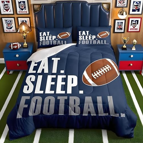 Feelyou Football Comforter Set for Boys Full Size Sports Bedding Set American Football Lover Navy Blue Ball Games Quilt Bed Teens Rugby Bedroom Decor 3Pcs