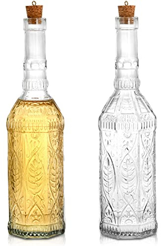 Frcctre 2 Pack Vintage Glass Bottles with Cork, 24 Oz Decorative Glass Bottles, Large Wine Oil Vineger Bottle, Decorative Apothecary Glasses Bottle Flower Bud Vases