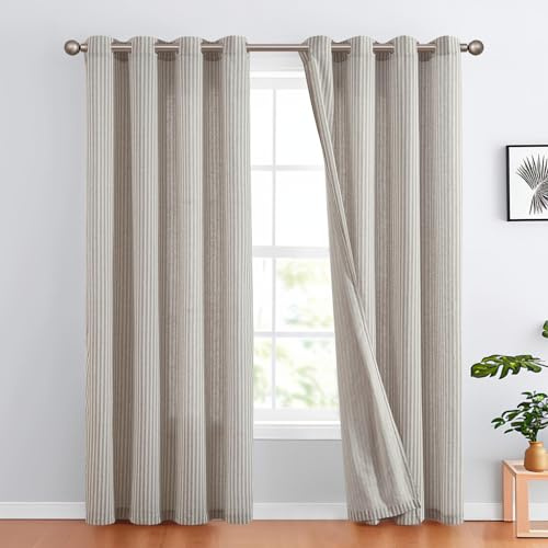 TOPICK Leinen Vorhänge Gestreifte Gardinen mit Ösen Modern Beige Leinenoptik Vorhang Wohnzimmer Privarsphäre Gardine Lichtfilterung Ösenschal mit Streifen Muster 2er Set H225xB130cm Grau auf Beige