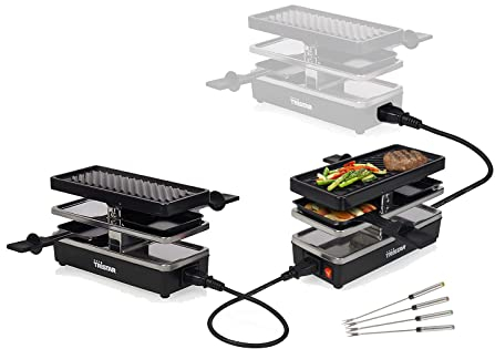 Raclette pour 4 personnes avec parking et fourchettes Tepan, surface de cuisson 2 x 23,8 x 10,4 cm, extensible jusqu'à 3 appareils, 800 W