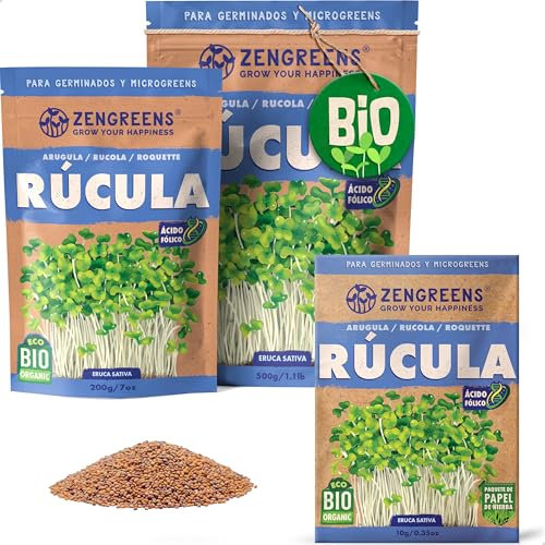 ZenGreens® - Bio Rucola Sprossen Samen - Wähle zwischen 10g, 200g und 500g- Rucola Bio Saatgut - Keimrate von über 95% - Salatrauke Sprossensamen zum Keimsprossen ziehen - Microgreens