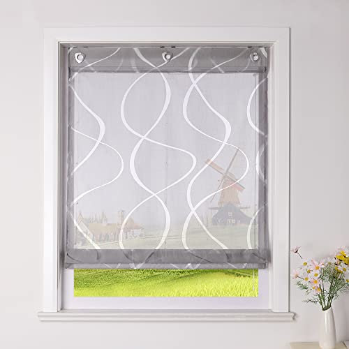 CORLIF Raffrollo Ausbrenner Gardinen Küchen Raffgardinen Landhaus Transparente Ösenrollo mit Wellenmuster Kurzvorhang Modern Rollos mit Ösen Grau BxH 60x140 cm 1 Stück