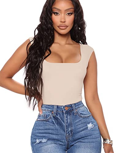 Aranmei Women Sexy Square Neck Bodysuits Sleeveless Tank Tops Bodysuit Teddy Clubwear for Going Out(Apricot S)