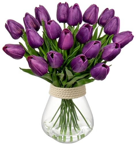 Briful 20PCS Artificial Tulips Real Touch Purple Artificial Flowers Bulk Fake Tulips PU Latex Material Faux Flowers Wedding Bouquet for Garden Party Home Decoration