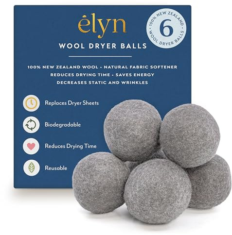 ELYN Wool Dryer Balls 6-Pack - XL, 100% New Zealand Wool, Reusable and Handmade. Fragrance-Free, Natural Fabric & Laundry Softener, Reduce Wrinkles, Static and Drying Time (Grey)