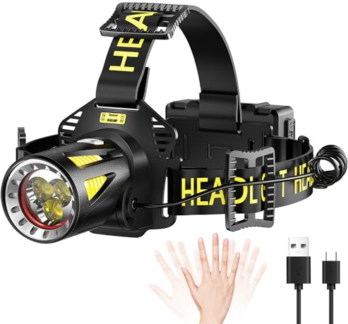 MAXME100 Linterna frontal recargable de triple haz, luz frontal LED, lámpara de cabeza para búsqueda y rescate, sensor de movimiento USB-C, uso al aire libre, emergencias, regalo y más