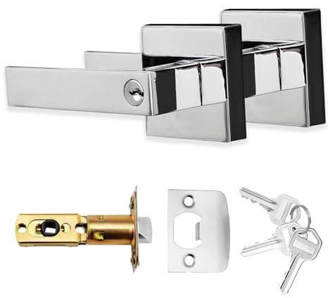 XFORT Quad Entrance Knob Set Polished Chrome, Door Knob with Lock for Internal Wooden Doors, Complete Set with Tubular Latch and 3 Keys