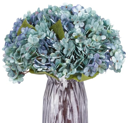 Kimura's Cabin Lot de 6 fleurs d'hortensia artificielles en soie pour maison, centres de table, décoration de fête de mariage (bleu)