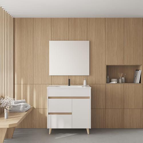 AMIZUVA - Conjunto de Mueble de Baño Kaori Con 2 Cajones y 1 Puerta - Anchura 80 cm - Incluye Lavabo Cerámico y Espejo - Acabado Blanco Brillo - Mueble 80x85,5x46 cm