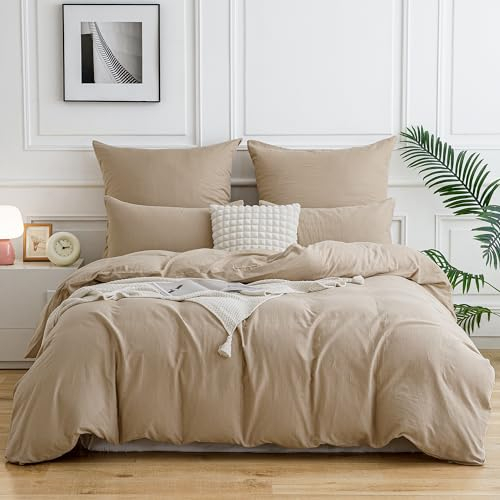 ATsense Doppellagige Muslin Bettwäsche 135x200 2teilig, Flaches Leinenartiges Aussehen Bettwäsche-Sets mit 1 Kissenbezüge 80x80cm, ÖKO-TEX Bettbezug Beige mit Reißverschluss