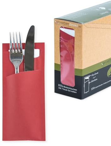 PRIME GUEST Bestecktasche Prime Fit 85x190mm Bestecktaschen mit Serviette in Weiß Serviettentasche ideal für Gastronomie und Feiern (Rot, 100 Stück)