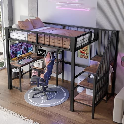 Dolamaní Hochbett Erwachsene Metall 90x200 cm Schwarz mit Treppe & Schreibtisch & Schrank Klein, Metallbett mit mehrere Einlegeböden