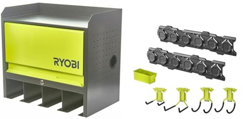 RYOBI - Etagère Murale 430 x 483 x 282 mm - Charge Max. : 150 kg - 1 Porte et 4 emplacements de Rang & Kit de d'intallation Complet Link, Rangement pour Garage et Atelier - Syteme Link