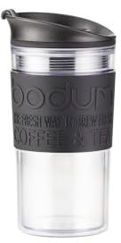 Bodum 12oz Double Wall Insulated Travel Mug with Lid, Clear Plastic w/Black Silicone Sleeve