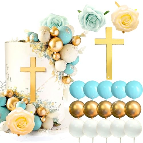 LaVenty Cross Cake Decorations Blue White Cake Topper Rose Cake Toppers Baptism Cake Decoration Baby Shower Cake Decoration Wedding Cake Decorations Palm Leaves Cake Topper