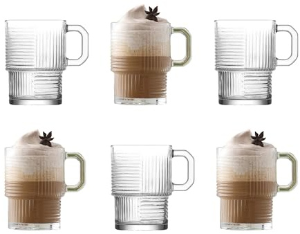 NORDIC SCHILLER 6er Set Kaffeeglas Teegläser mit Henkel, Stapelbare Gläser 270 cc, Hochwertiges Glas, Spülmaschinenfest für den Stilvollen Genuss Zuhause, Bars und Restaurants, Cocktail Glaswaren Set