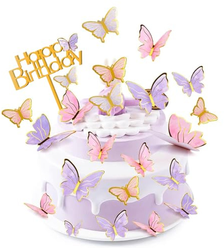 22 PCS Butterfly Cake Decorations with Happy Birthday Acrylic, Glitter Purple & Pink Butterfly Cake Decorations, Butterfly Theme Cake Cupcake Toppers for Baby Shower Wedding Birthday Party Decor
