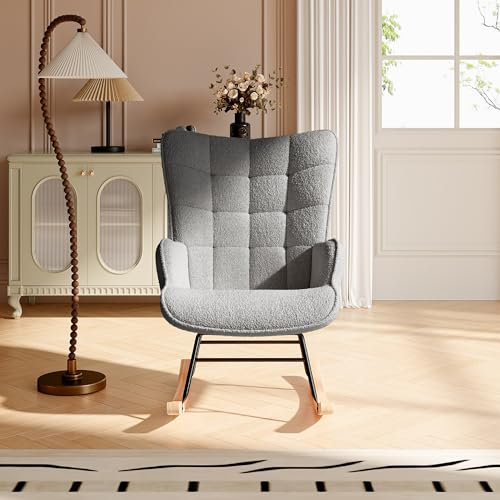 Schaukelstühle Teddystoff Relaxstuhl Sessel Teddy Plüsch Schaukelsessel mit hoher Rückenlehne Bequeme Lesesessel Relaxsessel Wohnzimmersessel 75×53×92cm (Dunkelgrau)