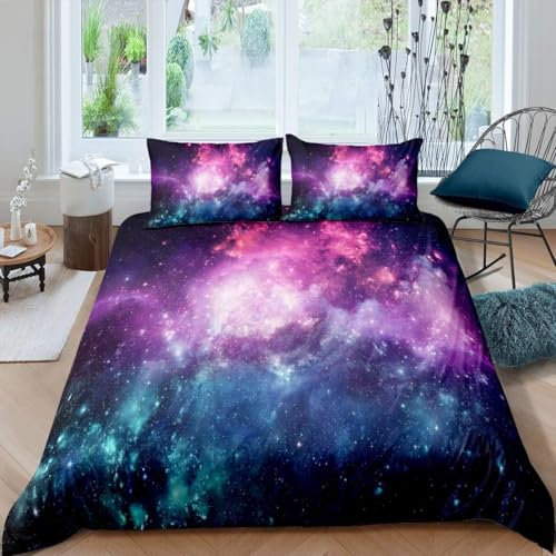 Loussiesd Galaxie Bettbezug Set Mädchen Jungen Kinder Bettwäsche Set 135x200cm Weltraum Galaxie Sterne im Weltraum Himmlisch Astronomische Flugzeugten Dekorative Weicher Betten Set