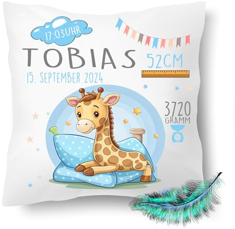 Personalisiertes bedrucktes Geburtskissen mit Namen und Geburtsdaten für Jungen & Mädchen inkl. Füllung 40x40cm | Babykissen| Geschenke zur Geburt, Taufe,Giraffe, Bett (mit Kissenfüllung)