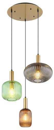 Pendelleuchte Retro messing Hängelampe Esstisch Glas Pendelleuchte Glas 3 Flammig, rauch grün coffee, Alu Metall, 3x E27 Fassungen, DxH 55x130 cm