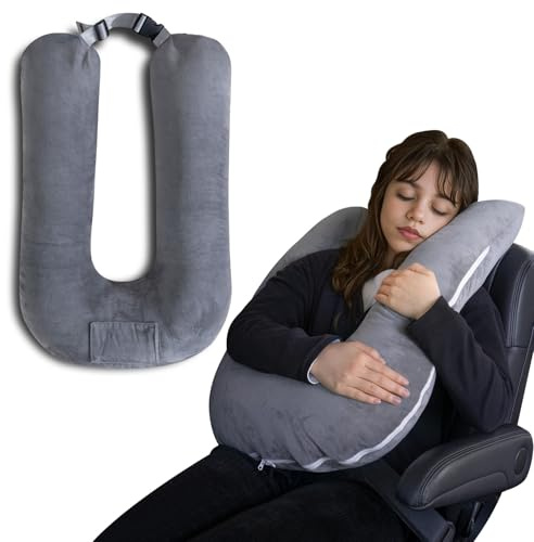 QUEEN ROSE Car Travel Pillow for Sleeping, Adjustable Head Support for Adults & Kids, Breathable Soft Neck Cushion for Road Trips, Machine Washable Cover, Grey