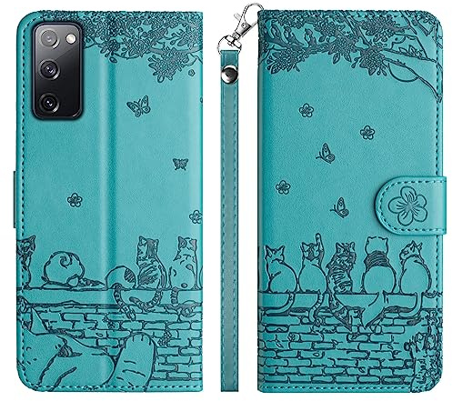 Aisenth Handyhülle für Samsung Galaxy S20 FE 5G Klapphülle mit Kartenfächer | Katze mit Schmetterling Design,Standfunktion,Kartenfächer,PU Leder,3 Kartenfächer+Geldfach,Stoßfeste,Magnetische,Blau Grün