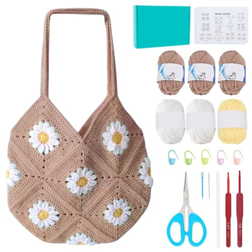 ORIGACH Häkelset Tasche Gänseblümchen für Erwachsene Anfänger, Khaki | DIY Granny Square Tasche Häkelset Für Mit Schritt Für Schritt Videoanleitung