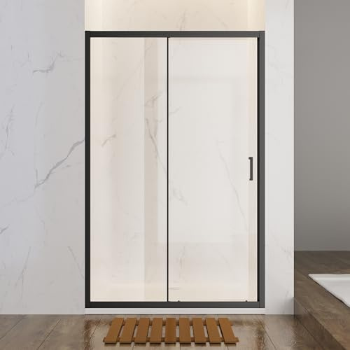 SONNI Cabina doccia scorrevole in vetro temperato trasparente per doccia, porta a nicchia singola, scorrevole, 100/110/120 cm, 120 x 185 cm, colore nero opaco