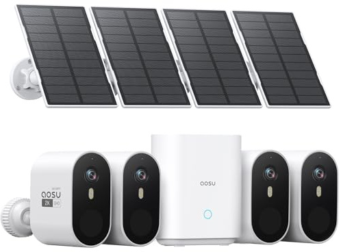 aosu 2K Caméra Surveillance WiFi Extérieure sans Fil, 4 Caméras et aosuBase 32GB Stockage Local, Aucun Abonnement Requis, Détection PIR, Lumière Vision Nocturne en Couleur, 2-Way Audio, Angle 166°