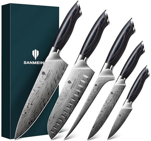 SANMEIHO 5PCS Knife Set, Kitchen Knife Sets in Powder Steel, Ultra Sharp Japanese Knives Set High Carbon Steel Chef Knives Sets, Cooking Knives Set with Ergonomic Pakkawood Handle