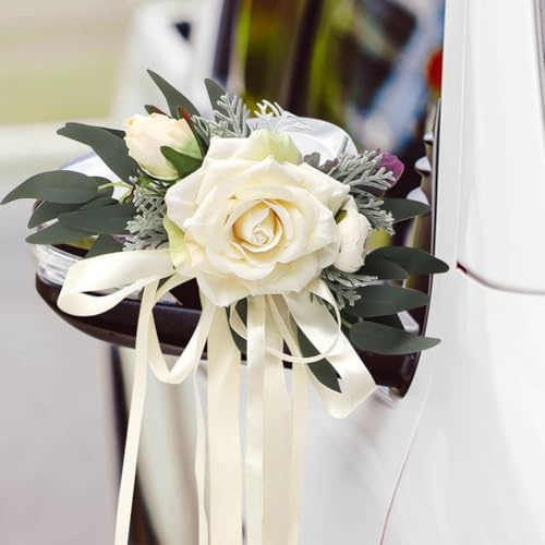 2 Stück Hochzeit Autoschmuck, Hochzeit Autoschleifen, Vintage Hochzeits Künstliche Blume, Simulation Blume Hochzeitsauto Deko Auto Schleifen Rückspiegel Türgriff Dekoration Hochzeitsdeko (Cremeweiß)