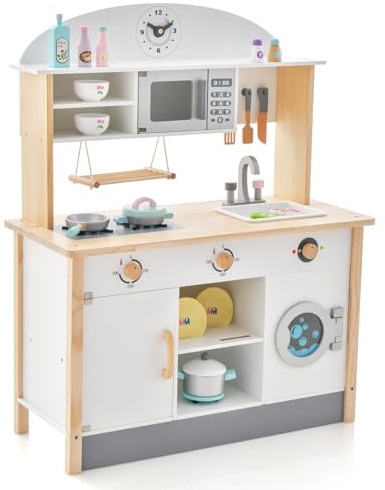 Maxmass Kids Play Kitchen, Wooden Children Pretend Cooking Playset with 15 PCS Cooking Accessories, Swing Rack, Clock, Washing Machine, Toddler Toy Kitchen for Boys Girls (without Apron and Hat)