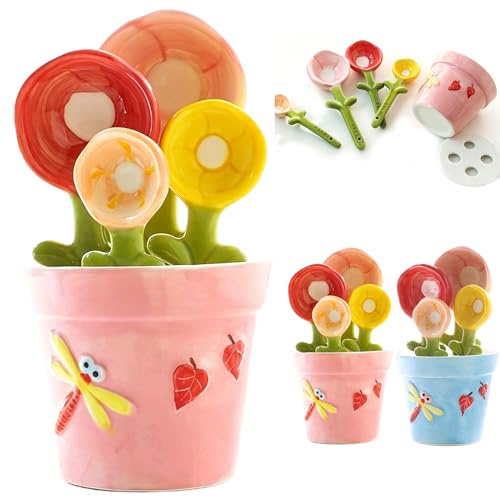 Blumen Messlöffel Set mit Keramik-Blumentopf, Dekorative Messlöffel für Backen und Kochen, Küchen Deko Geschenk für Frauen (pink)