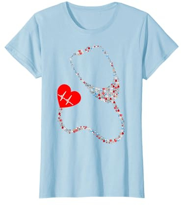 Arzt, Notarzt, Sanitäter T-Shirt mit Stethoskop und EKG Herz T-Shirt